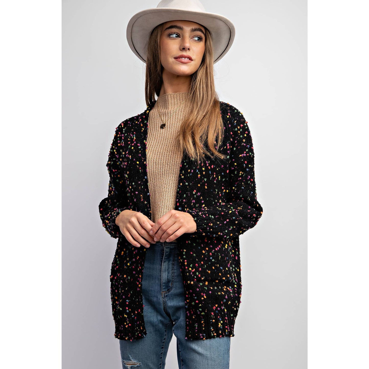 CARDIGAN W RAINBOW POPCORN SPECKLES
