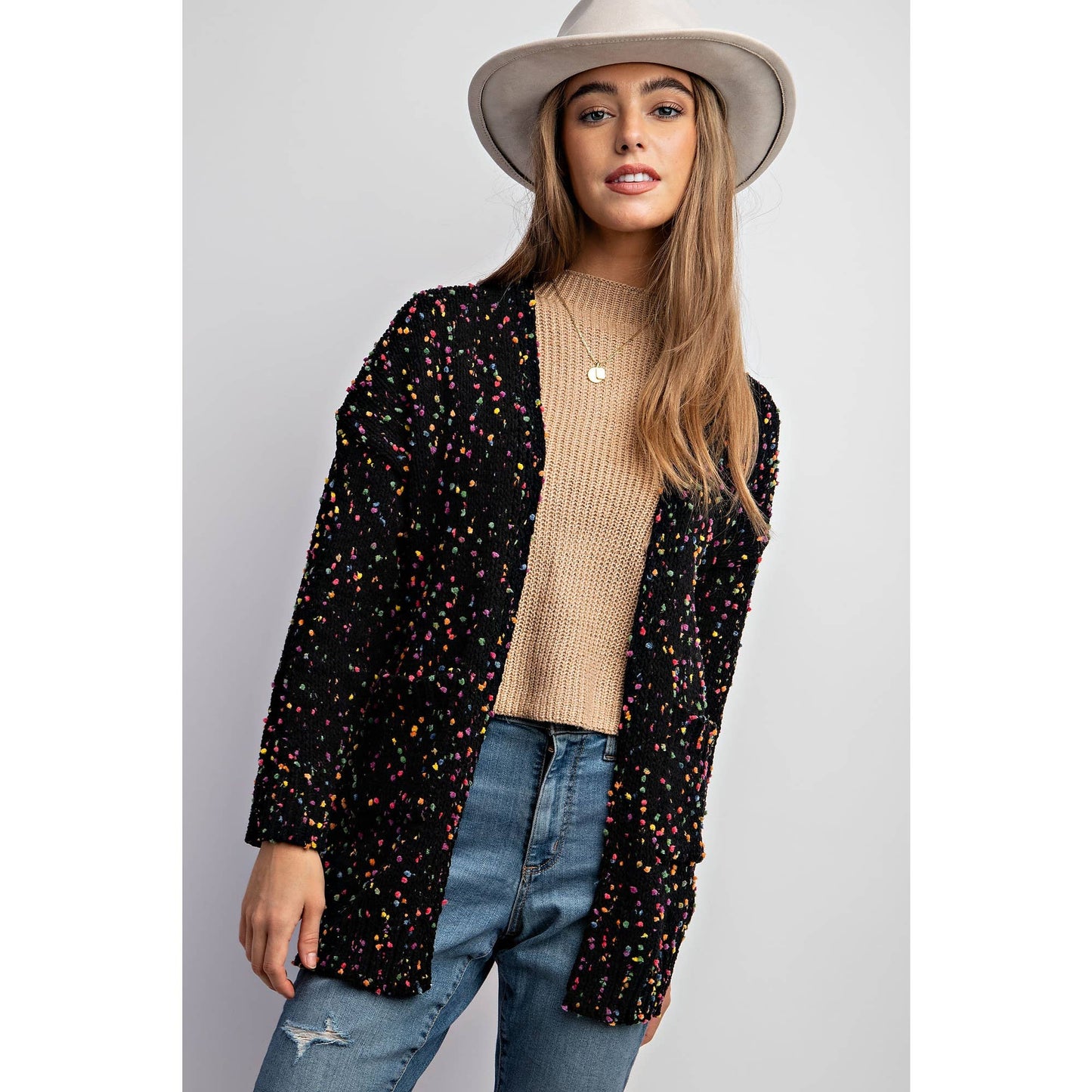 CARDIGAN W RAINBOW POPCORN SPECKLES